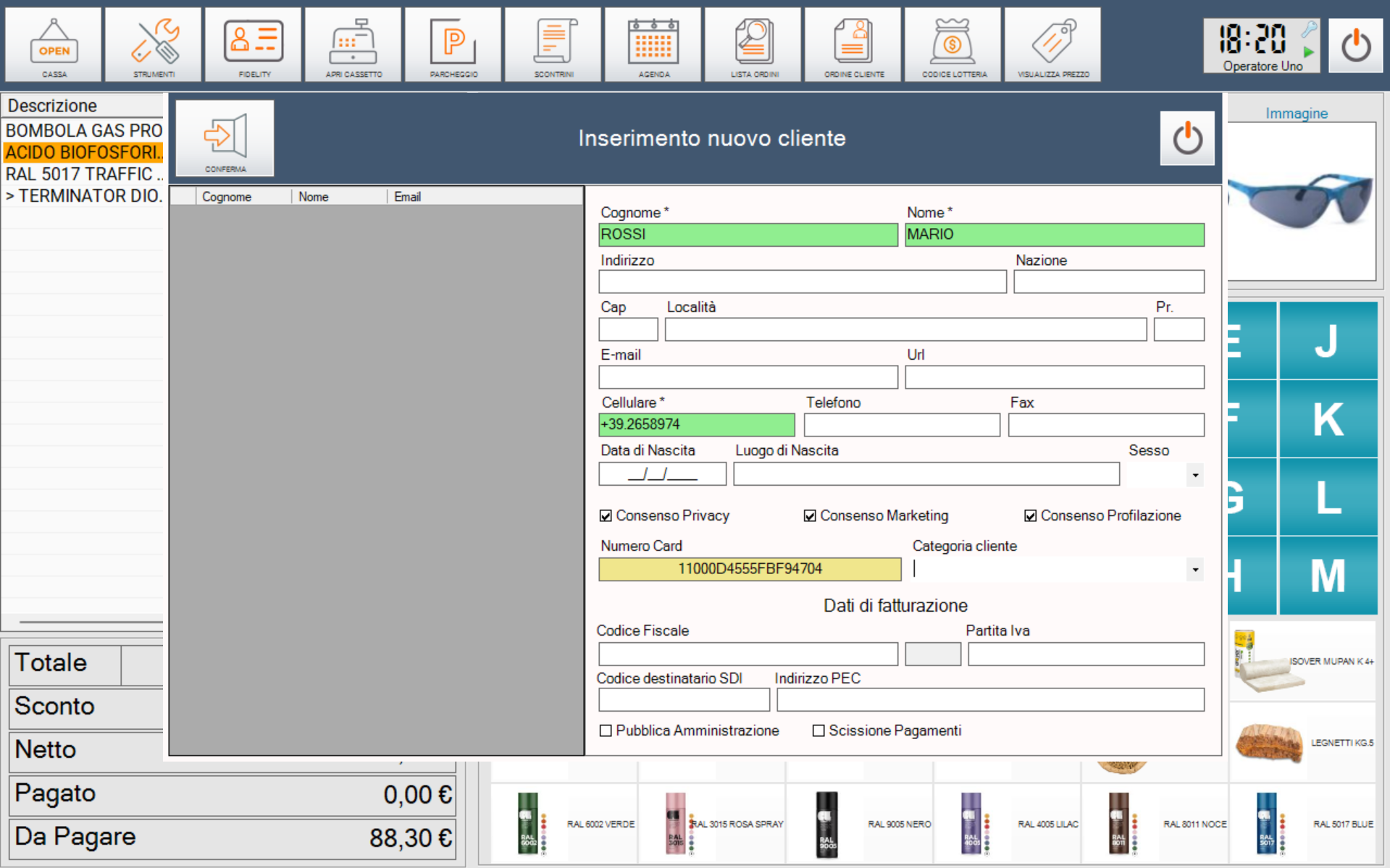 registratore di cassa e fidelity card